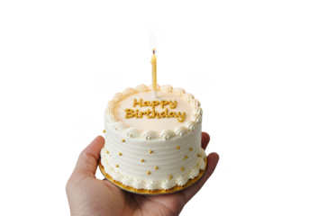 Hand holding a small white birthday cake with a candle and golden happy birthday inscription on transparent background