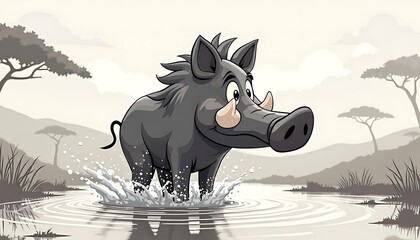 Cartoon Warthog Walking in Water with Splashes on Neutral Landscape