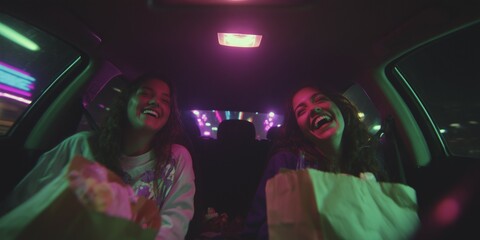 Happy Girls Laughing in Car at Night – Neon Lights and Fast Food Vibes