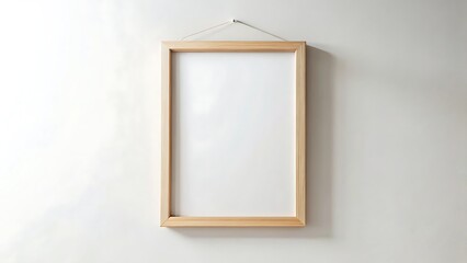 Empty wooden frame hanging on a white wall for artwork display