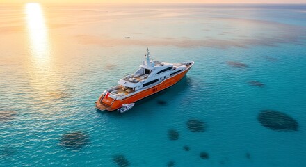 Fototapeta premium Luxurious orange superyacht MALU anchored in tranquil turquoise tropical ocean at golden hour, ideal for dream travel and serene holidays.