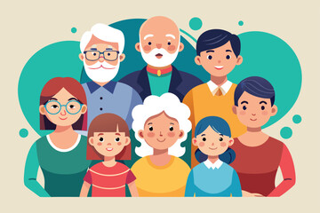 Colorful illustration of a multi generational family with smiling faces, representing togetherness and diversity. Ideal for concepts of family connections, relationships, and generations.