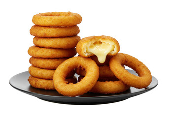 A stack of onion rings on a plate with a cut ring showing the melted filling inside the crispy batter on transparent background