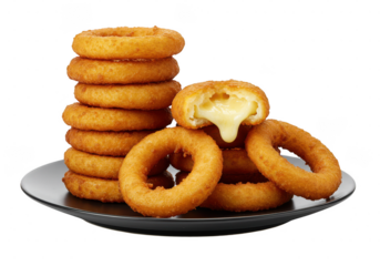 A stack of onion rings on a plate with a cut ring showing the melted filling inside the crispy batter on transparent background