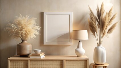 Blank frame mockup with pampas grass and lamp on wooden furniture