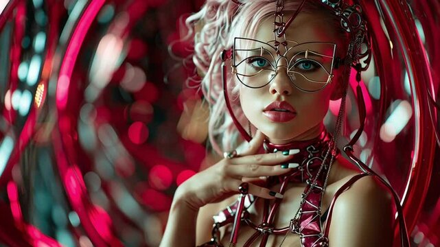 Futuristic Vixen. Blonde Punk in Latex and Wire Glasses