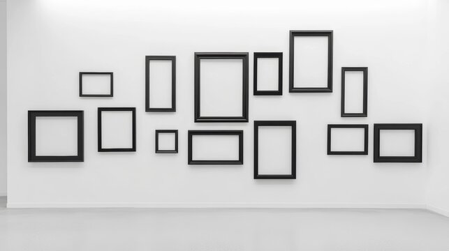 Empty black picture frames of various sizes arranged on a white wall in a modern gallery or home setting.