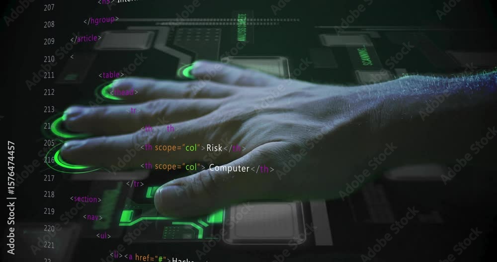 Poster bare right hand sweeping code and pressing green touch controls initiating cybersecurity protocol