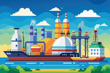 Vibrant illustration depicting an industrial port with factories, ships, and clear skies. The scene conveys industry, trade, and modern technology in a lively and colorful style.