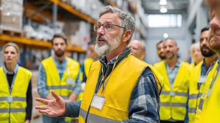 Senior warehouse manager in safety vest leading team meeting in modern logistics facility