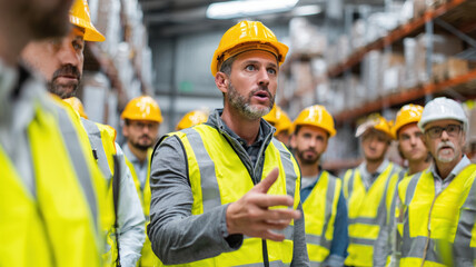 Warehouse workers in hard hats and safety vests attending team briefing meeting