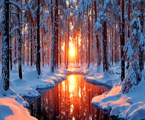 Stunning winter forest landscape at sunset with snow-covered trees and a glowing river reflecting warm sunlight. Tranquil, magical scene capturing the serene beauty of nature in wintertime.