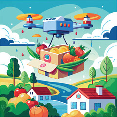 Fresh Grocery Box Delivered by Drone – Clean Flat Vector  on white background