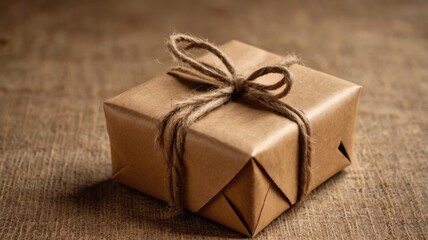 A small brown paper package tied up with string on a wooden surface in a close up studio shot