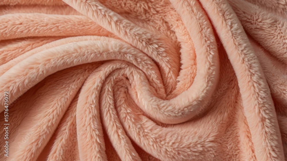 Poster close up shot of a soft peach colored blanket with a swirling pattern and visible texture details
