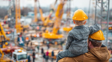 Father and son construction workers in hard hats observing industrial building site together