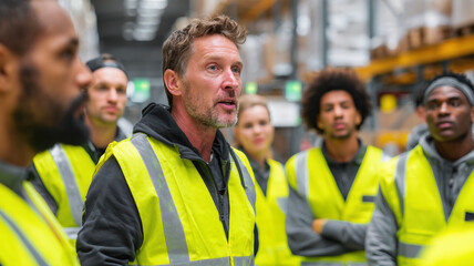Diverse warehouse team in safety vests having discussion meeting in modern logistics facility