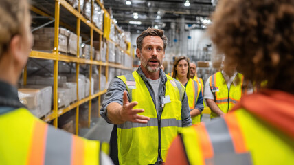 Diverse warehouse team in safety vests having discussion meeting in modern logistics facility