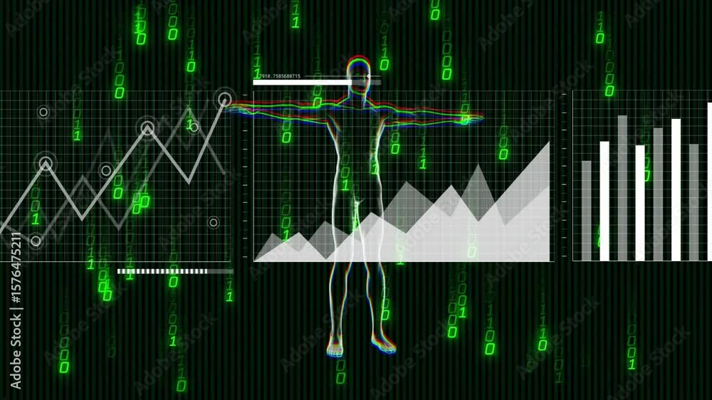 Poster with binary code appearing, wireframe figure rotating panels sliding as charts grow showing data