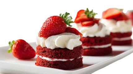 A closeup view of a red velvet cake topped with creamy frosting and a vibrant strawberry, with more delicious desserts blurred in the background on a white plate isolated on transparent background