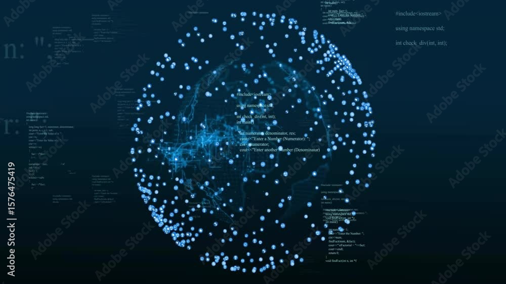 Poster When playback starts globe rotating, code fragments drifting and nodes pulsing to visualize data