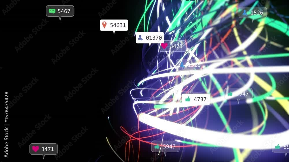 Aufkleber neon ribbons emerging in void coiling and rotating into sphere as badges joining showing growth