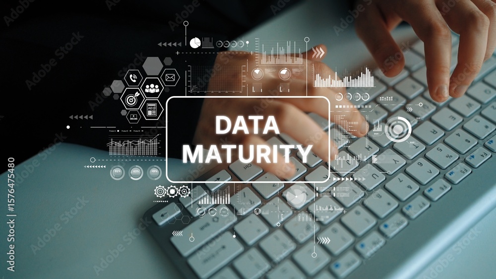 Poster high-tech data maturity concept with hands typing on keyboard and digital graphics in modern office 