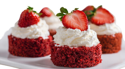 A tempting arrangement of red velvet mini cakes, each crowned with fluffy white cream and a fresh strawberry, displayed on a white serving tray isolated on transparent background