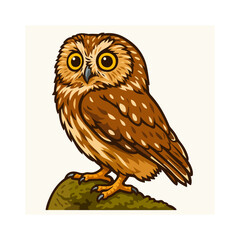 Naklejka premium Realistic Owl Perched on Mossy Rock – Detailed Color Vector Illustration