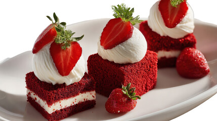 A delightful assortment of red velvet cakes, each topped with creamy white frosting and a fresh strawberry, presented elegantly on a white platter isolated on transparent background