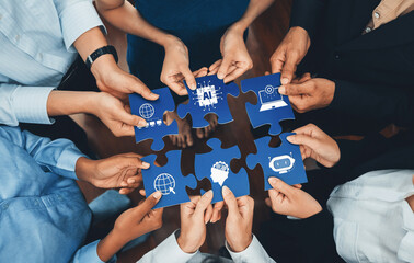 Group of diverse individuals collaboratively working on blue puzzle pieces, showcasing themes of...