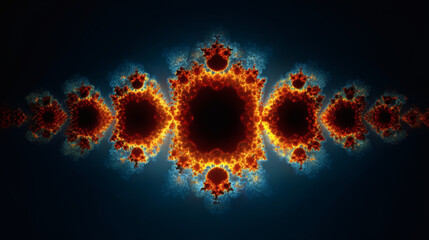 Fiery fractal pattern on a dark blue background, representing abstract design and mathematical art.