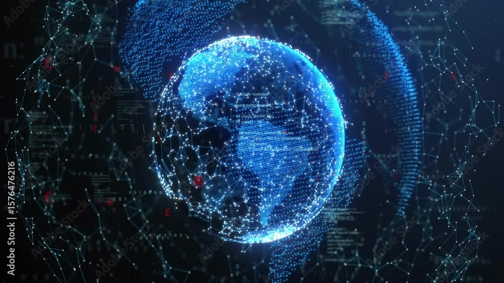 Poster On start blue nodes forming into rotating globe pulsing hotspots streaming code visualizing network