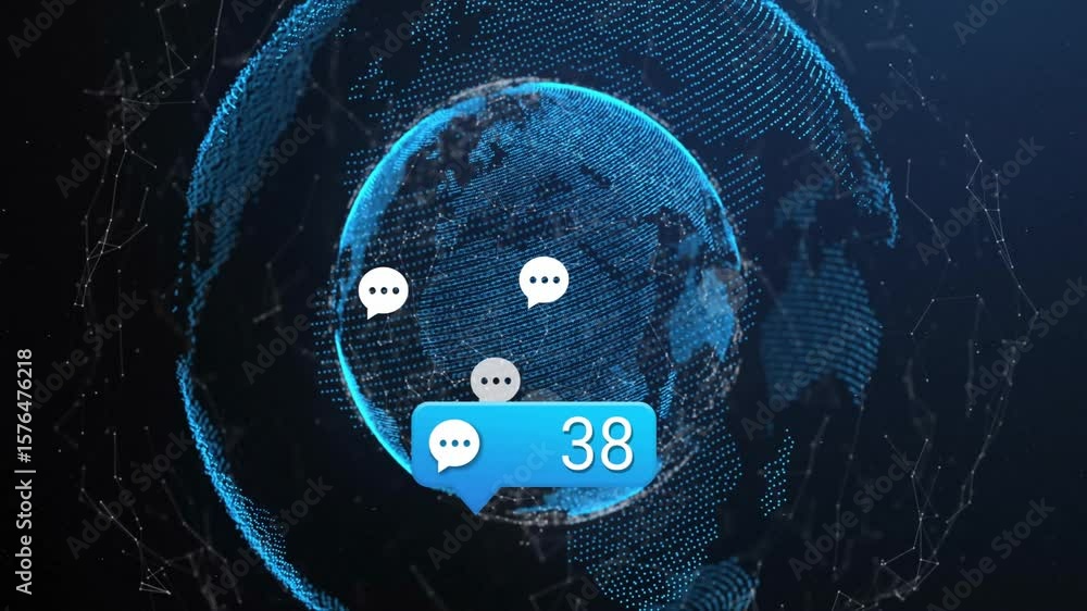 Poster rotating data globe receiving chat bubble spawning icons and incrementing count to ninety-five