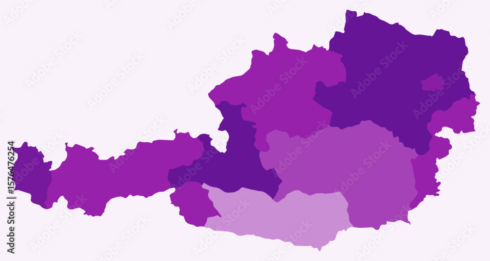 Poster map of austria with regions. just a simple country border map with region division. purple color pal