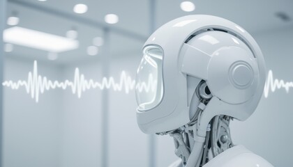 a soundproof white capsule with a neural interface helmet pulsing in sync with a calm heartbeat waveform.