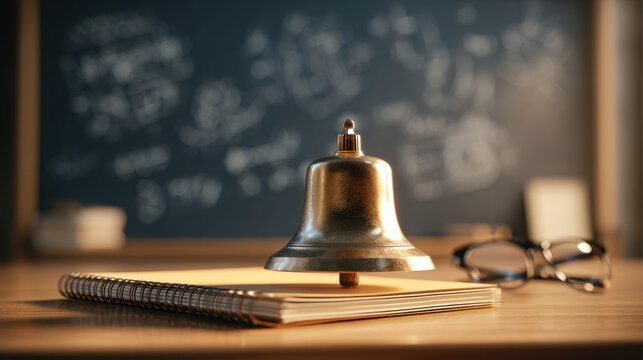 Bright school bell perched elegantly on a desk amid a charming classroom atmosphere