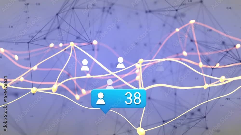 Poster wireframe grid showing yellow pink streams flowing blue bubble counting users icons growing network