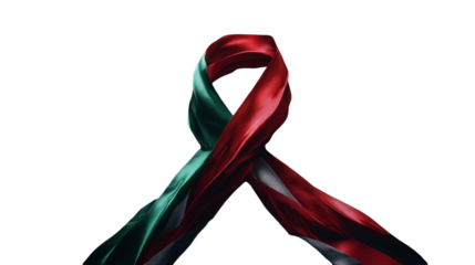 A stylized ribbon in the colors and pattern of the jordan flag forms an abstract bow shape, isolated on a transparent background