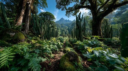 Dragon fruit plantation tall trellis bound cactus rows lush tropical surroundings dramatic midday light ultra realistic wide angle layout