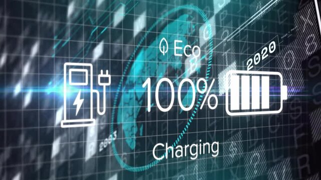 Eco charging UI showing % rising to full then falling with battery filling globe ring monitoring