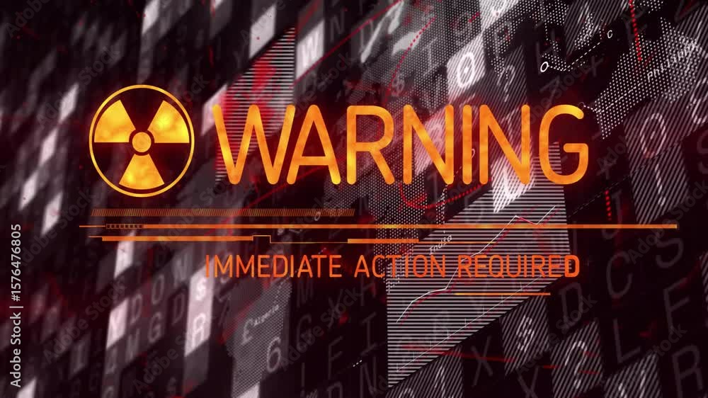 Poster fading in golden radiation icon initiating sliding bars, pulsing graph signaling urgent action
