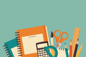 School Supplies in Retro Colors Flat Vector Illustration.