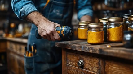 Person drilling into wooden surface with jars in background