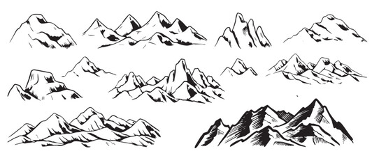 Mountain range, panoramic landscape, nature. Long banner. Rocky terrain, hills. Simple vector ink sketch