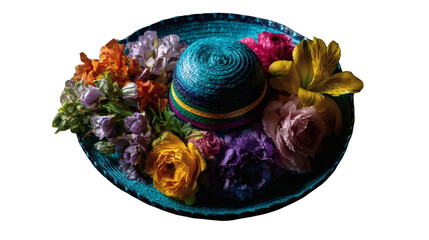 A vibrant blue woven straw hat is adorned with a colorful assortment of fresh flowers, creating a beautiful and decorative summer accessory isolated on transparent background