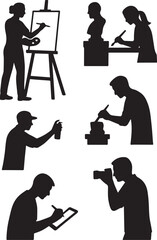 Creative Artist Silhouettes Performing Various Artistic Actions – Vector Set