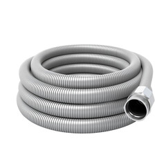 Silver flexible hose coiled on white background for industrial use  