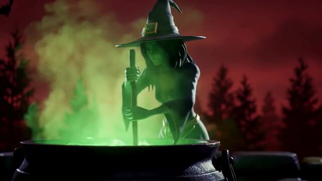 A witch stirs a glowing green potion in a cauldron, silhouetted against a fiery sunset and dark forest.
