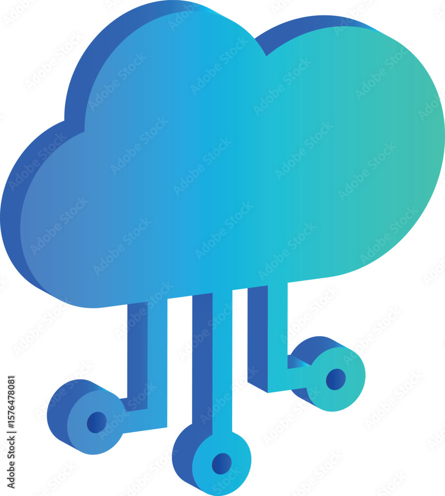 Poster isometric symbol cloud computing concept. blue and green gradient cloud and transparent backdrop for